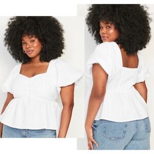Old Navy White Seersucker Puff Sleeve Peplum Babydoll Top Plus Size 3X Boho